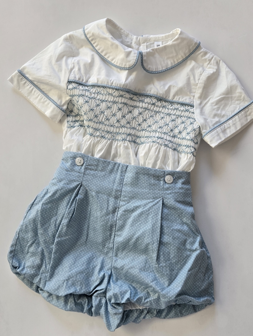 Classic Smocked White and Light Blue Baby Boy 2pc Romper 9m